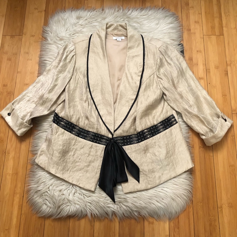 Dressbarn Beaded Shimmer Metallic Crinkled Taffeta Bow Cream Beige Blazer 16W